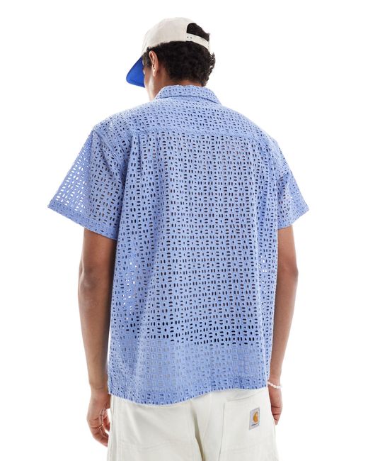 Obey Blue Embroidered Open Short Sleeve Shirt for men