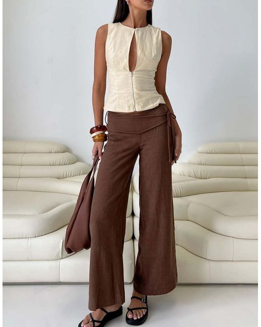 Princess Polly Brown Moon Linen Blend Tie Side Wide Leg Trousers