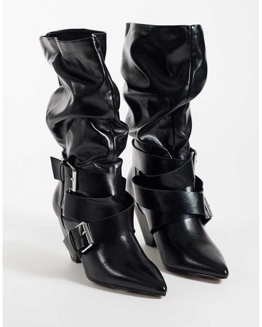 ASOS Black Cade Buckle Detail Heeled Slouch Boots