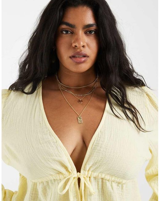 Pieces Plus Yellow Pieces Curve Crinkle Cotton Tie Front Long Sleeve Top