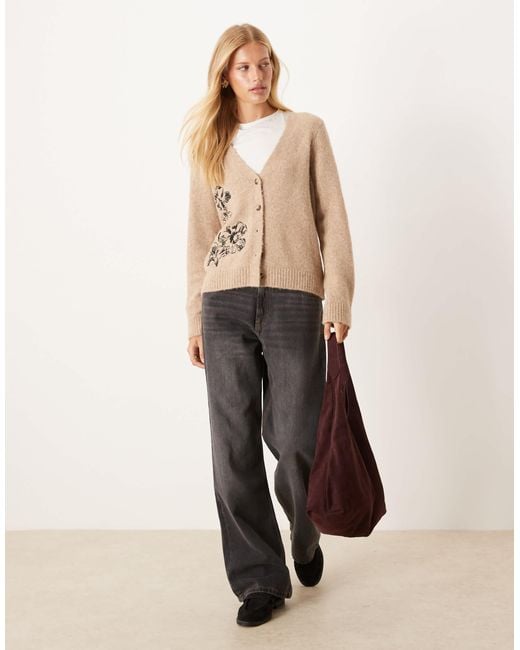 ASOS Natural Cardigan With Floral Embroidery With Wool