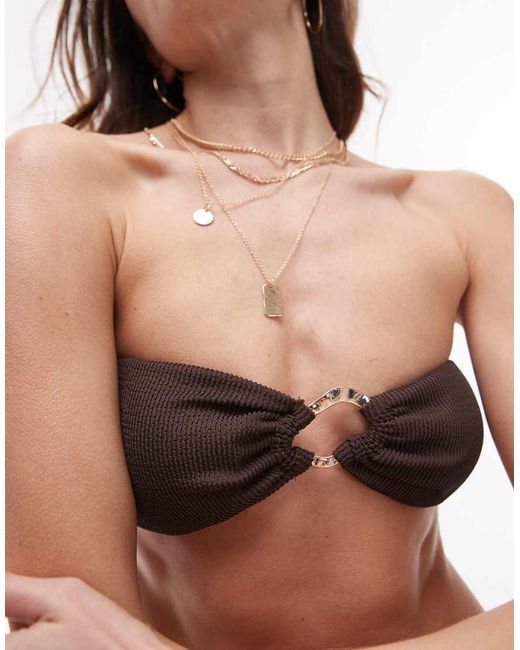 Top Bikini Color Cioccolato A Coste Con Anello Color Oro Martellato di Mango in Brown