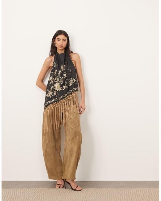 ARRANGE Natural Embroidered Halterneck Asymmetric Fringe Hem Longline Top