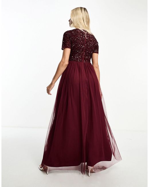 Maya Maternity Red Bridesmaid Short Sleeve Maxi Tulle Dress With Tonal Delicate Sequins