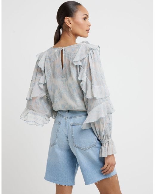 River Island Blue Frill Fluted Cuff Blouse