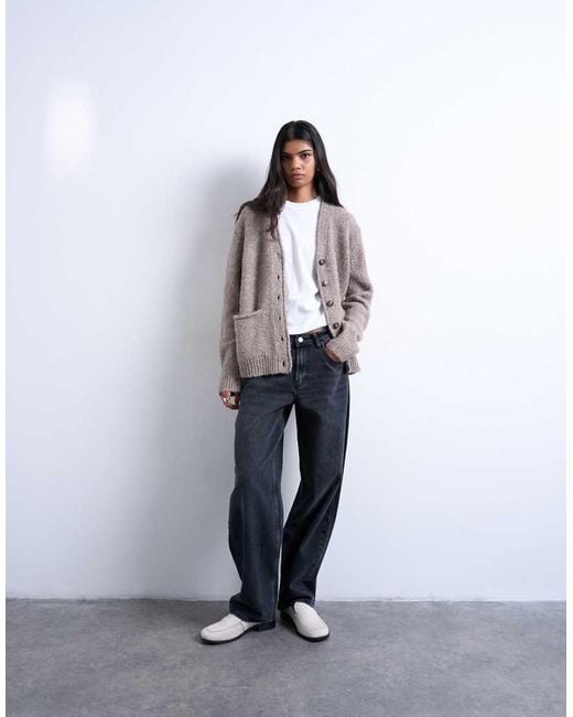 TOPSHOP Gray Knitted Longline Pocket Chunky Wool Mix Cardigan-neutral