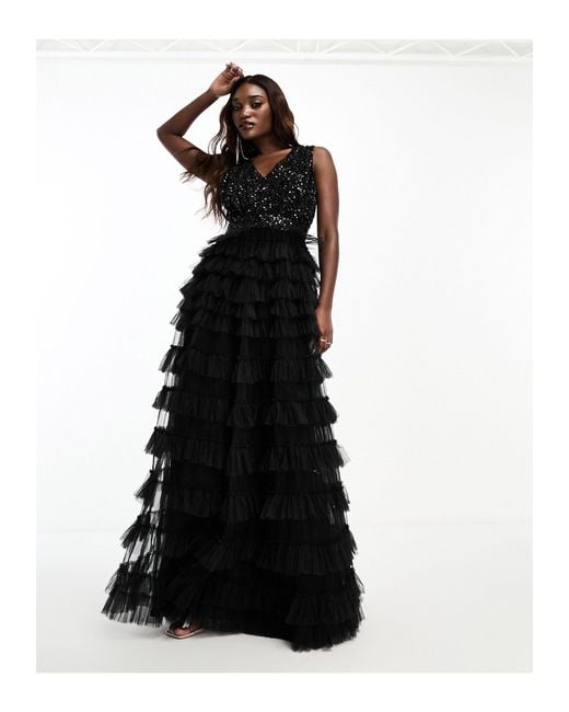 Beauut Black Embellished V-neck Maxi Dress With Tiered Skirt