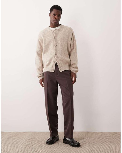 ASOS Natural Oversized Knit Fisherman Rib Wool Blend Crew Neck Cardigan for men