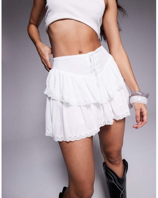 Princess Polly Gray Capshaw Lace Up Detail Tiered Lace Trim Mini Skirt