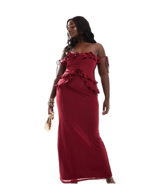 ASOS Asos Design Curve Bardot Ruffle Detail Maxi Dress in Red Lyst UK