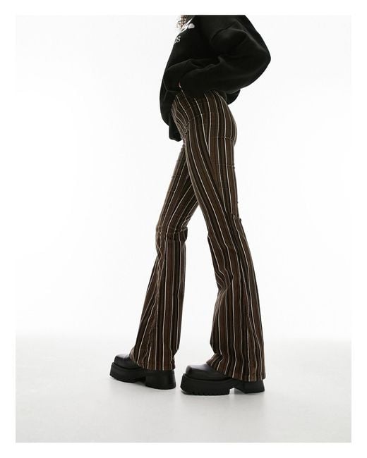 TOPSHOP Black Stripe Print Low Rise Cord Flare Trouser