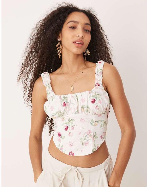 Gina Tricot White Rose Print Corset Style Top