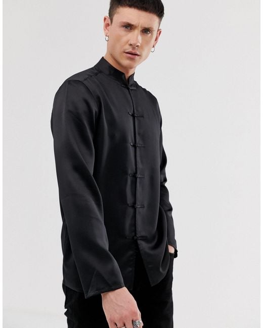 ASOS Black Regular Fit Satin Mandarin Collar Shirt for men