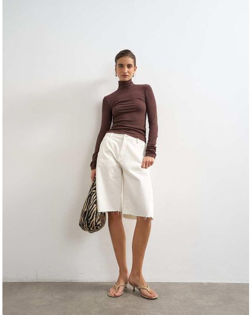 TOPSHOP Brown Premium Rib Knit Funnel Neck Long Sleeve Top