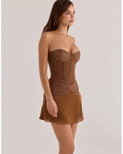 House Of Cb Brown Charlotte Bronze Shimmer Chiffon + Mesh Strapless Mini Dress