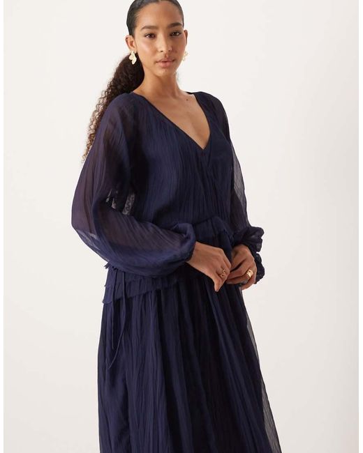 ASOS Blue V Neck Smock Midi Dress With Ruffles