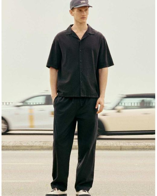 Pull&Bear Black Linen Blend Trousers for men