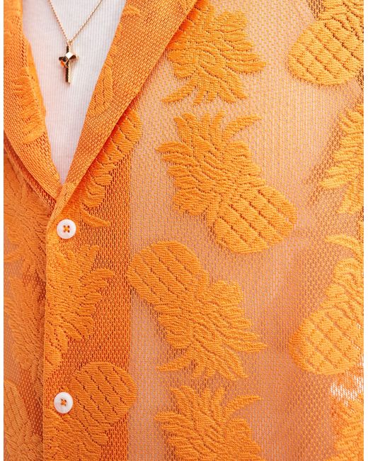 Chemise manches courtes en dentelle avec col à revers profonds et motif ananas ASOS pour homme en coloris Orange