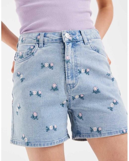 Pieces Blue Floral Embroidered Denim Shorts
