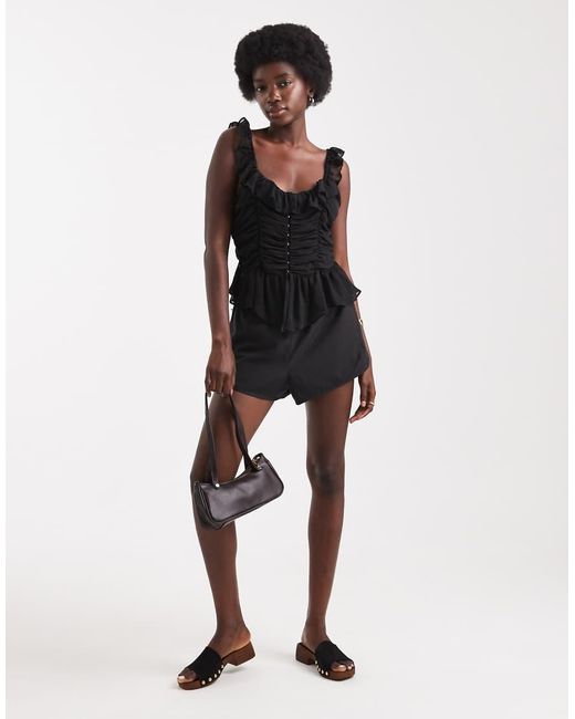 Miss Selfridge Black Ruched Detail Frill Cami
