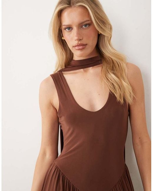ASOS Brown Slinky Maxi Dress With Scarf Detail
