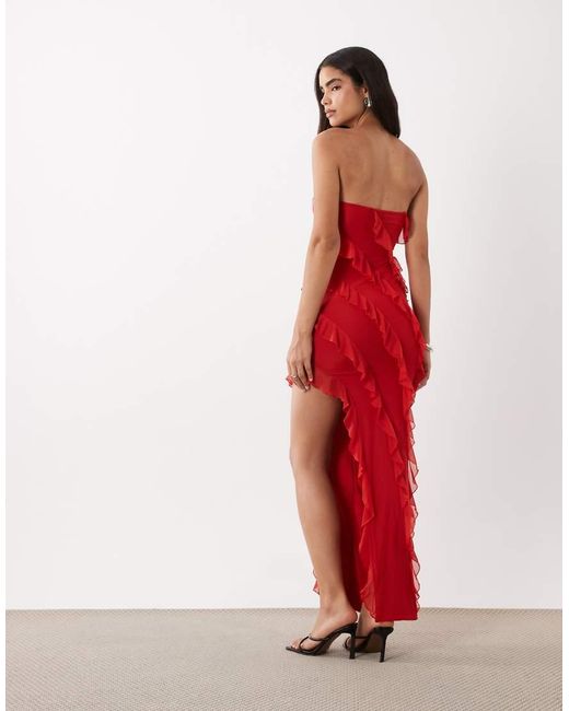 Oh Polly Red Bandeau Asymmetric Ruffle Detail Maxi Dress