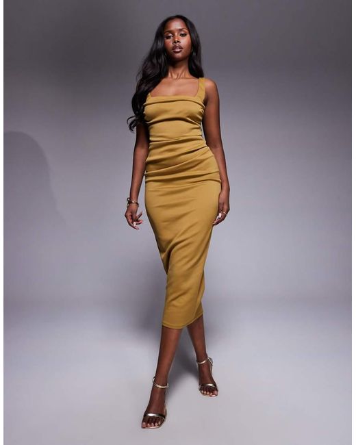 ASOS Blue Square Neck Ruched Midi Dress With Neckline Detail