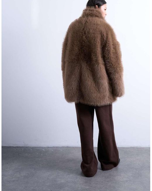 TOPSHOP Brown Faux Fur Funnel Neck Mid Length Coat