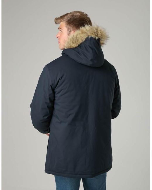 French Connection Blue Faux Fur Hooded Parka Longline Zip-Through Jacket for men