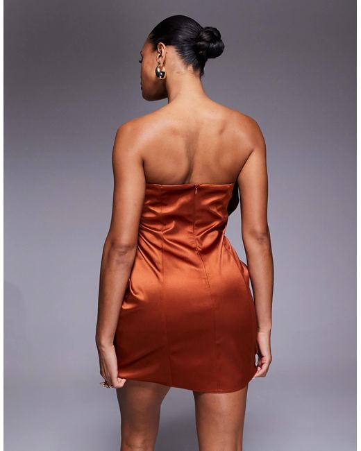 ASOS Orange Bandeau Satin Structured Dress With Undone Corsage And Pleat Skirt