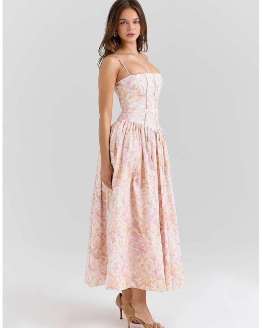 House Of Cb Pink Ysabella Peach Floral Print Stretch Cotton Midi Sundress
