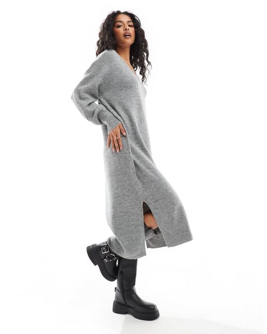 Vero Moda Gray Oversized Knitted V Neck Midi Dress