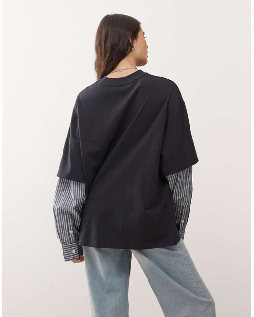 Lioness Gray 2 In 1 Oversized T-shirt Overlay And Striped Long Sleeve Shirt In Charcoal Stripe