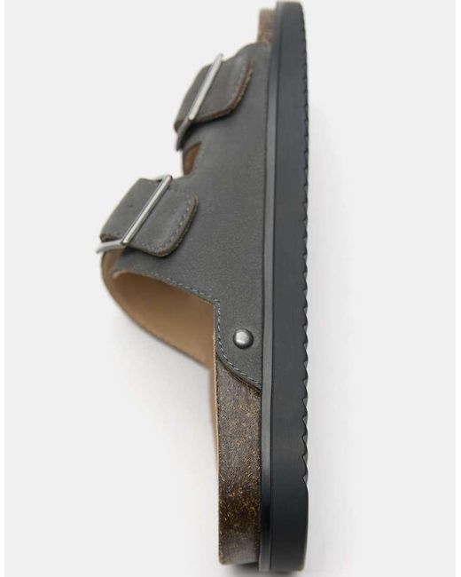Pull&Bear Gray Buckled Leather Flat Sandals for men