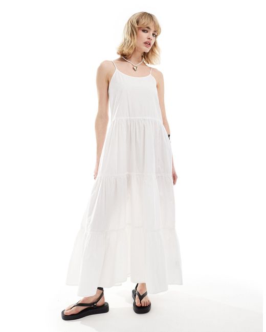 Monki White Maxi Dress With Tiered Layers And Strappy Low Back