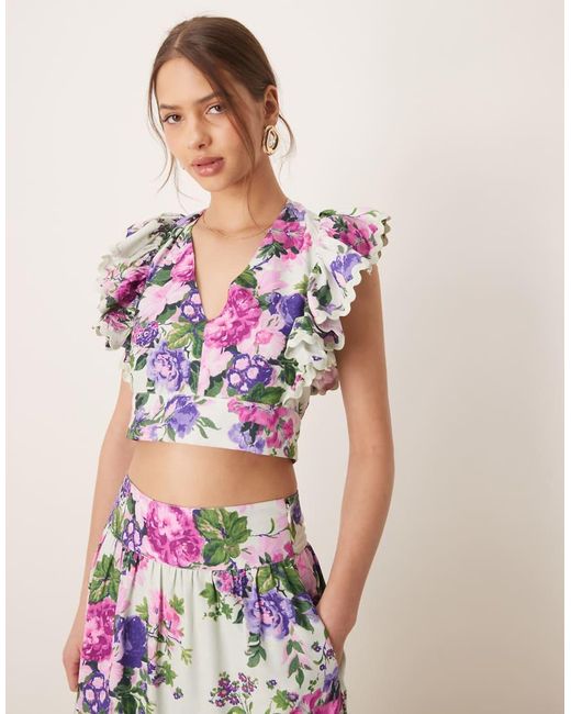 Top Corto Con Estampado Floral, Mangas De Volantes Y Lazada En La Espalda De (Parte De Un Conjunto)-Morado Hope & Ivy de color Purple
