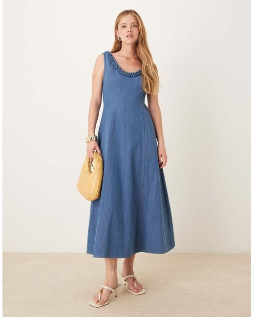 Ghospell Blue Denim Ruffle Midaxi Dress