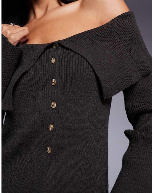 Kaiia Black Exclusive Ribbed Foldover Bardot Knitted Button Detail Flare Sleeve Jumper
