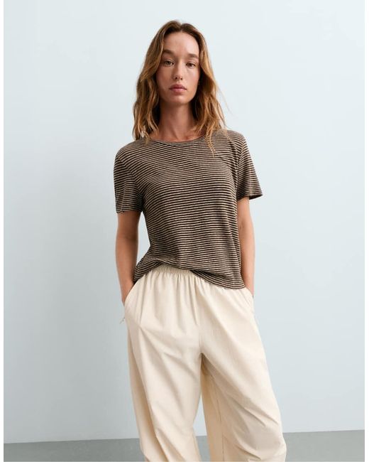 Oysho Brown Striped Fitted T-Shirt With Cotton And Modal
