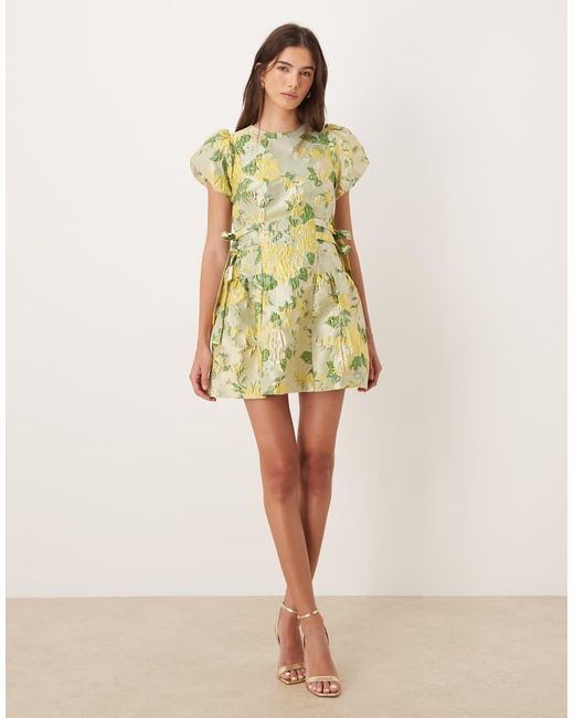 Sister Jane Yellow Dream Sunspel Jacquard Puff Sleeve Tie Bow Side Mini Dress