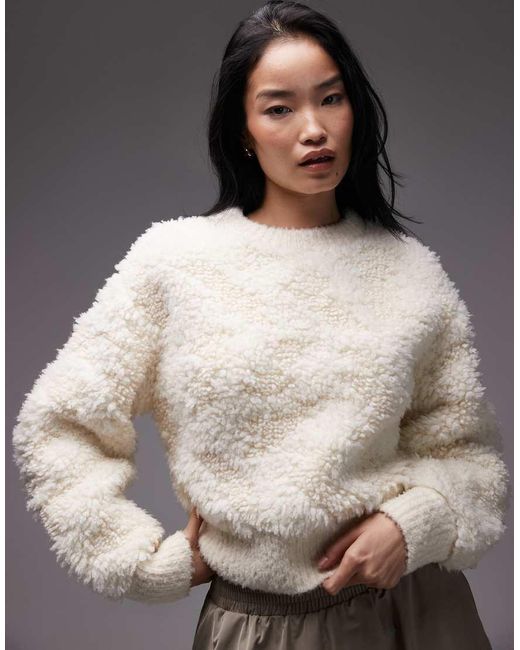& Other Stories White Pure Wool Fluffy Crew Neck Jumper With Volumnious Sleeves