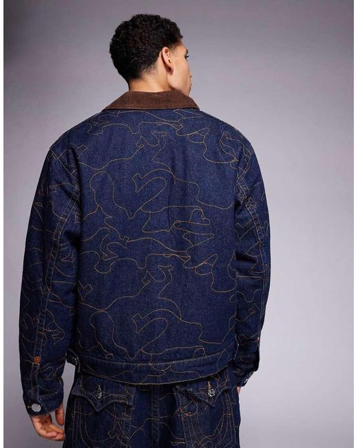 True Religion Blue Dropped Shoulders Embroidered Workwear Jacket for men