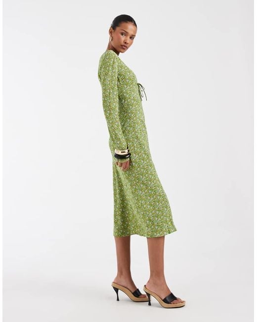 & Other Stories Green Vee Neck Bias Cut Dress With Fluted Sleeves