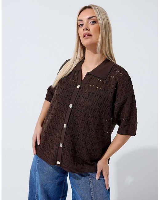 Yours Clothing Brown Button Through Crochet Shirt