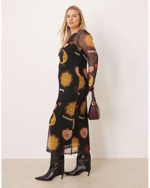 Never Fully Dressed Natural Mystical Print Mesh Maxi Dress