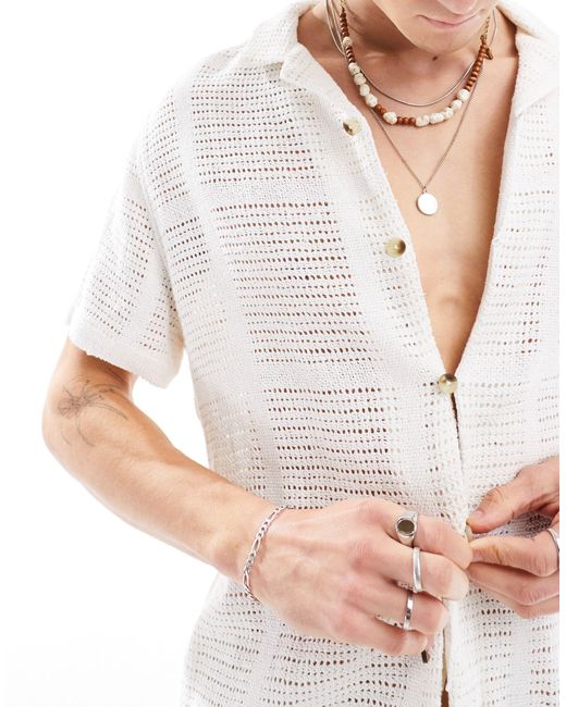 ASOS White Short Sleeve Relaxed Revere Crochet Shirt for men