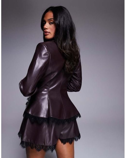 ASOS Brown Pu Cinched Waist Blazer With Lace