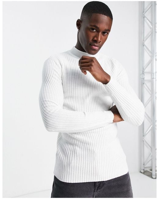 ASOS Knitted Essential Rib Turtle Neck Jumper in White for Men