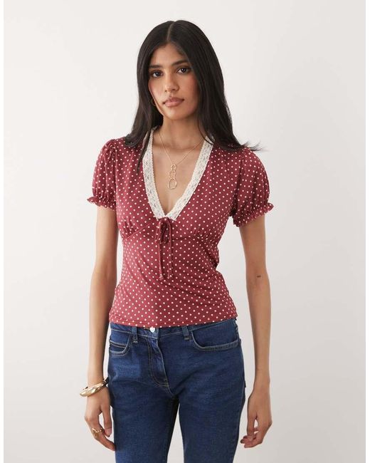 Miss Selfridge Red V-neck Tea Top