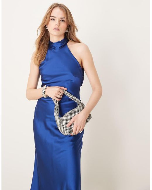 OMNES Blue Seychelles Back Detail Satin Midi Dress